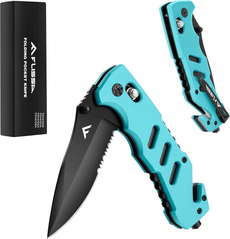 FLISSA Folding Pocket Knife with Clip, Glass Breaker and Seatbelt Cutter, Survival Knife for Emergency Rescue Situations, EDC Knife for Tactical, Hunting, Camping, Outdoor, Unique Gifts for Dad, Father-Blue - Image 1